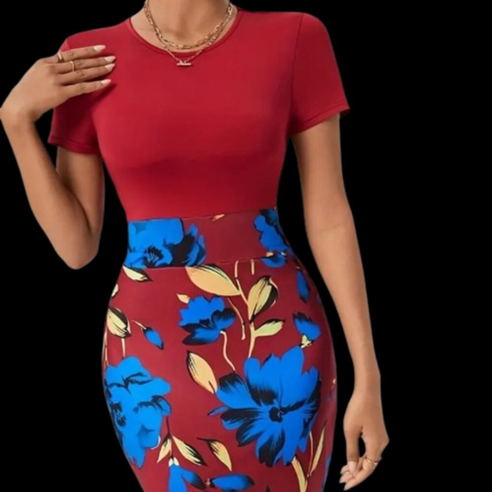 Short Sleeve Red Blue Stretch Pencil Dress XXL NEW NWOT